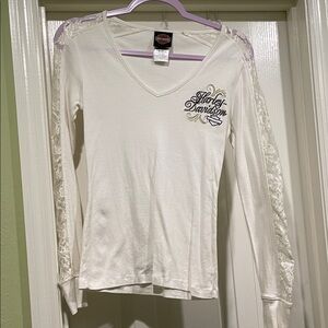Harley-Davidson White Lace Sleeve Long Sleeve Top